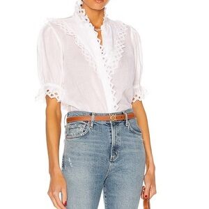 FRAME — Embroidered High Neck Short Sleeve Top. Size M.